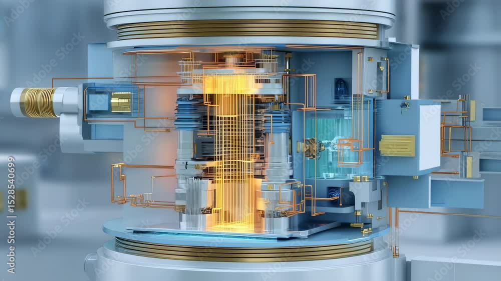 Aufkleber complex quantum computing core generating intense energy and performing calculations, showcasing int