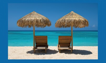 Two empty wooden lounge chairs sit on a pristine white sand beach under thatched umbrellas, facing a calm, turquoise ocean under a vibrant blue sky