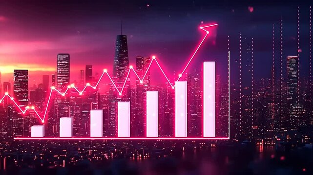 Dynamic Stock Market Data Visualization with Neon Graph and Cityscape Background