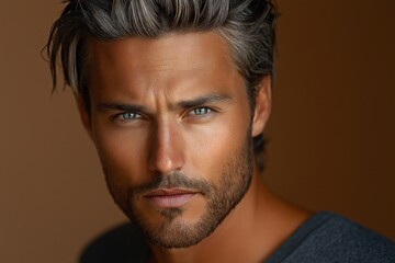 Obraz premium Captivating Portrait of Handsome Male Model with Stylish Facial Hair and Blue Eyes in Fashionable Attire - Elegant Photography Showcasing Beauty Standards and Strong Features