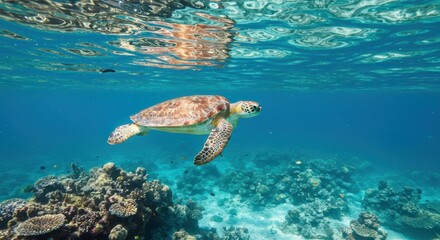 Obraz premium A Journey Through Turquoise Waters Observing a Majestic Sea Turtle Exploring Coral Reefs and an Abundance of Marine Life Underwater