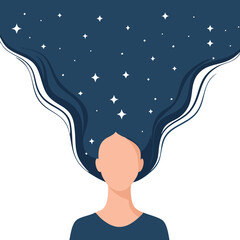 A minimalist vector illustration of a woman lying on her stomach while writing, with long dark blue flowing hair that transforms into a cosmic starry sky