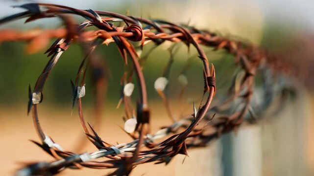 Intricate Detail of Barbed Wire Against Blurred Background