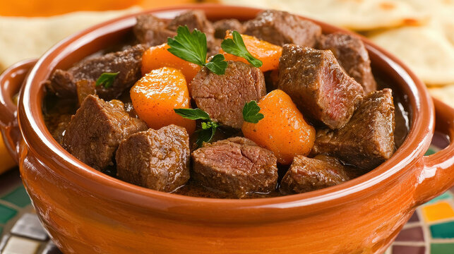 Delicious Beef Stew with Tender Meat and Colorful Vegetables in Earthenware Bowl on Decorative Table Setting