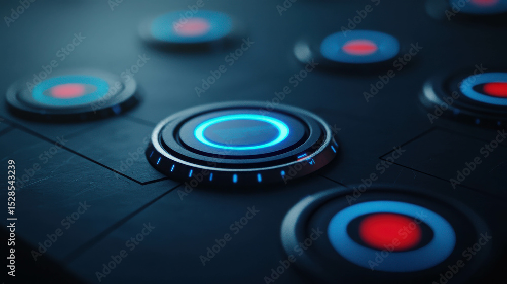 Poster futuristic control interface with glowing buttons in blue and red colors for technology and gaming a
