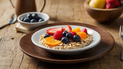Healthy breakfast bowl with oatmeal, fresh berries, mandarin slices, and almonds on rustic wooden table