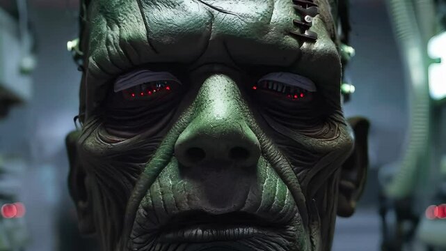 Futuristic Frankenstein Inspired Creature in Sci-Fi Laboratory Setting