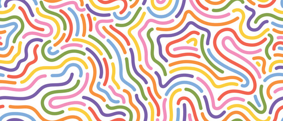 Colorful abstract seamless pattern with wavy lines. Fun geometric doodle background for kids, textiles, wrapping paper, and digital design.