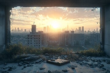 Urban Decay at Sunrise. Exploring Abandoned Buildings, Overgrown Vegetation and Ruined Architecture in the City Skyline