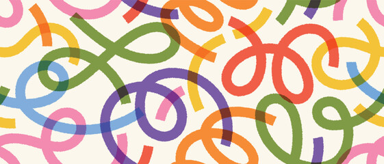 Seamless abstract pattern with colorful overlapping loops and curves. Hand-drawn textured lines on beige background. Playful modern vector design