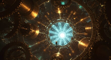 A person looking into a swirling, golden, cosmic vortex or nebula