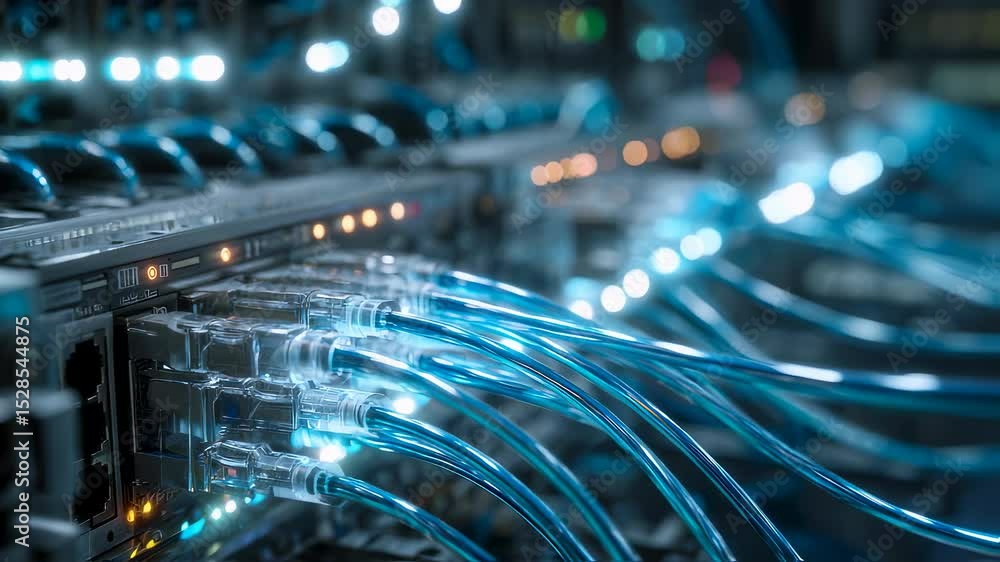 Aufkleber multiple blue network cables are connected to a server rack, transferring data as indicated by blink