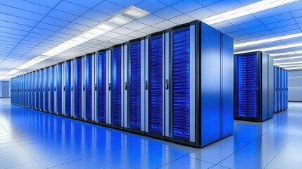 Modern data center with rows of high-performance server racks showcasing blue lighting and sleek design for technology and IT infrastructure concepts