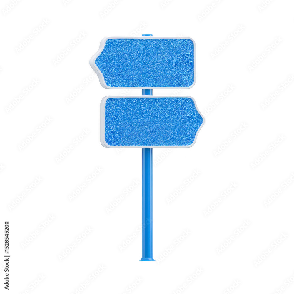 Poster blue directional signpost with two blank arrows pointing in opposite directions, isolated on transpa