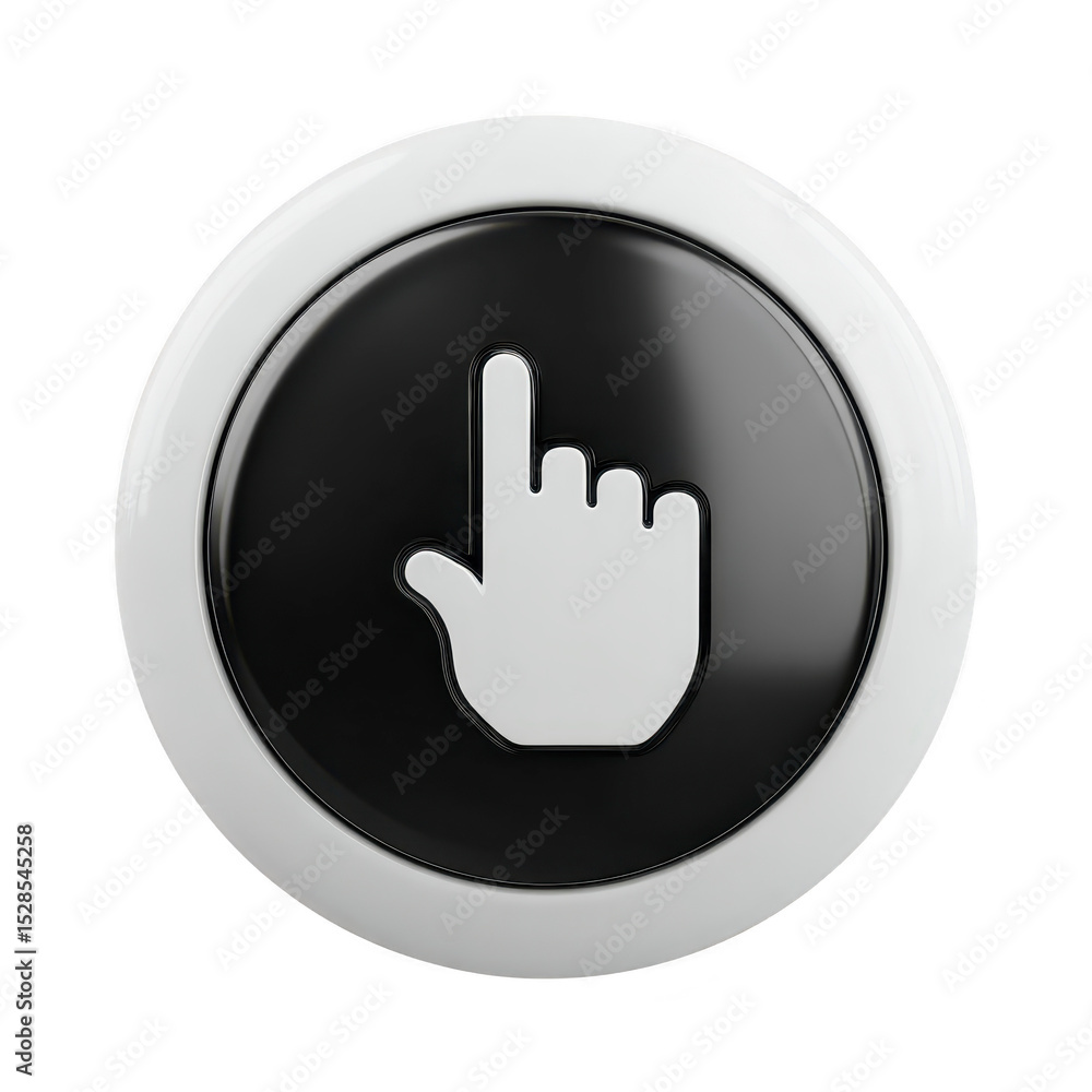 Poster round button with hand icon pointing upwards is depicted, featuring glossy black center and white bo