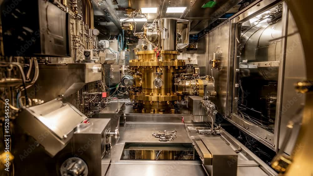 Poster complex machinery of a quantum computer is revealing itself through a circular observation window, s
