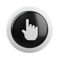 Obraz premium Round button with hand icon pointing upwards is depicted, featuring glossy black center and white border, symbolizing interaction or selection