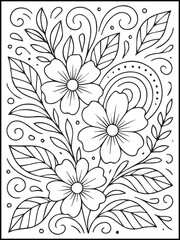 Fototapeta premium Swirly Floral Coloring Page – Bold and Easy Printable Flower and Leaf Line Art for Kids and Adults to Relax and Enjoy Coloring