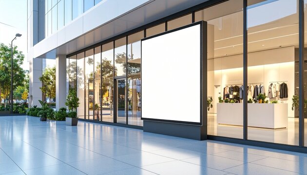 商業施設のガラス壁面に設置されたデジタルモニターのモックアップ