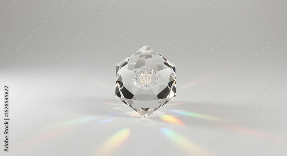 Poster Elegant Faceted Crystal Prisms Ornament Isolated on White Background Displaying Light Spectrum of Reflections Decorative Object