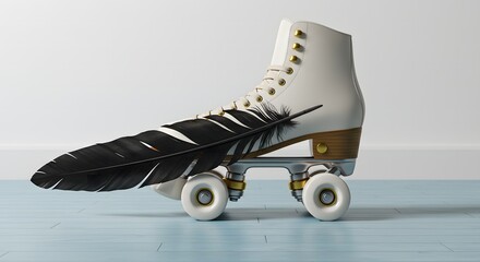 Roller Skate with Black Feather Decoration on Wooden Floor Capturing Artistic Creativity and Nostalgic Fun Ideal for Print Isolated