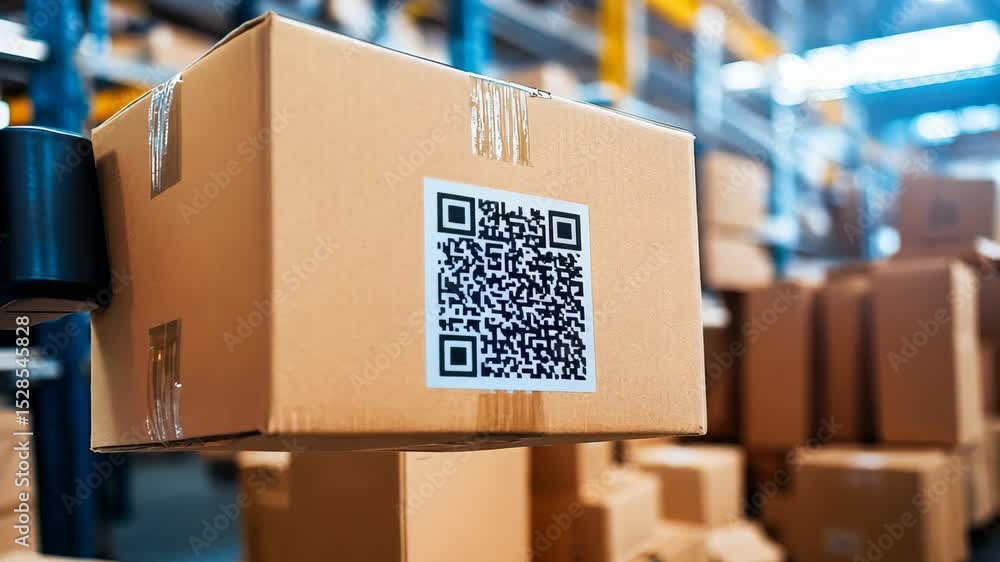 Poster modern warehouse robot scanning package with qr code and boxes