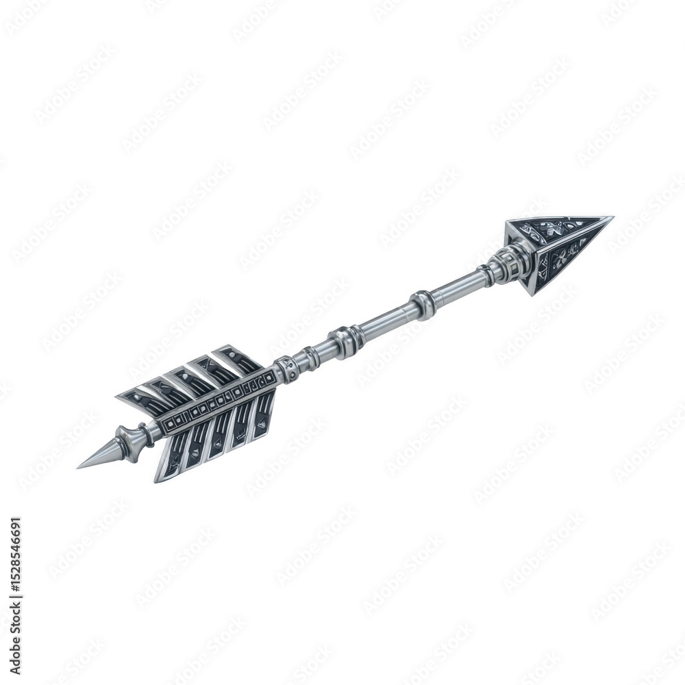 Poster detailed silver arrow with intricate designs, featuring sharp triangular tip and decorative fletchin