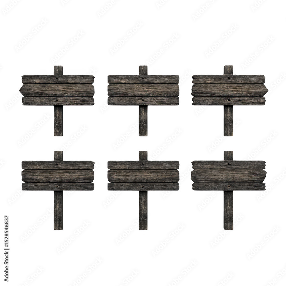 Poster six rustic wooden signboards with weathered texture are arranged in two rows. each signboard is blan