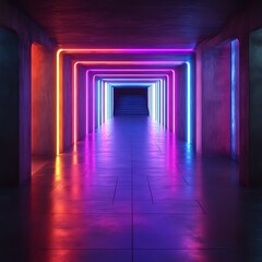 Vibrant neon lights illuminate a sleek, reflective corridor
