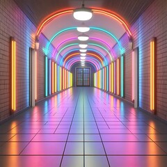 Vibrant neon-lit hallway with arched ceiling & tiled floor