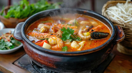 Delicious hot seafood soup in a traditional pot, featuring fresh shrimp, fish, vegetables, and aromatic herbs, perfect for a culinary delight experience.