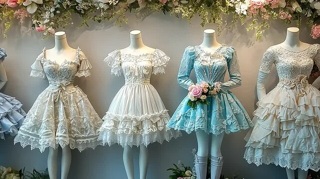 Elegant display of lolita fashion dresses with intricate lace and floral accents on mannequins
