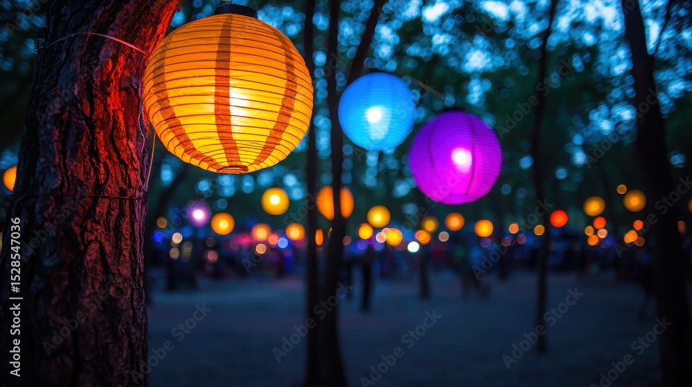 Poster colorful lanterns illuminate a nighttime forest gathering creating a magical atmosphere with vibrant