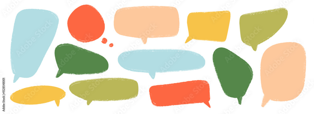 Aufkleber Colored hand drawn speech bubble collection. Playful Doodled marker dialog box set. Scribbled textured comic talk frames. Bright sketched chat box pack. Different balloon text box bundle. Vector 
