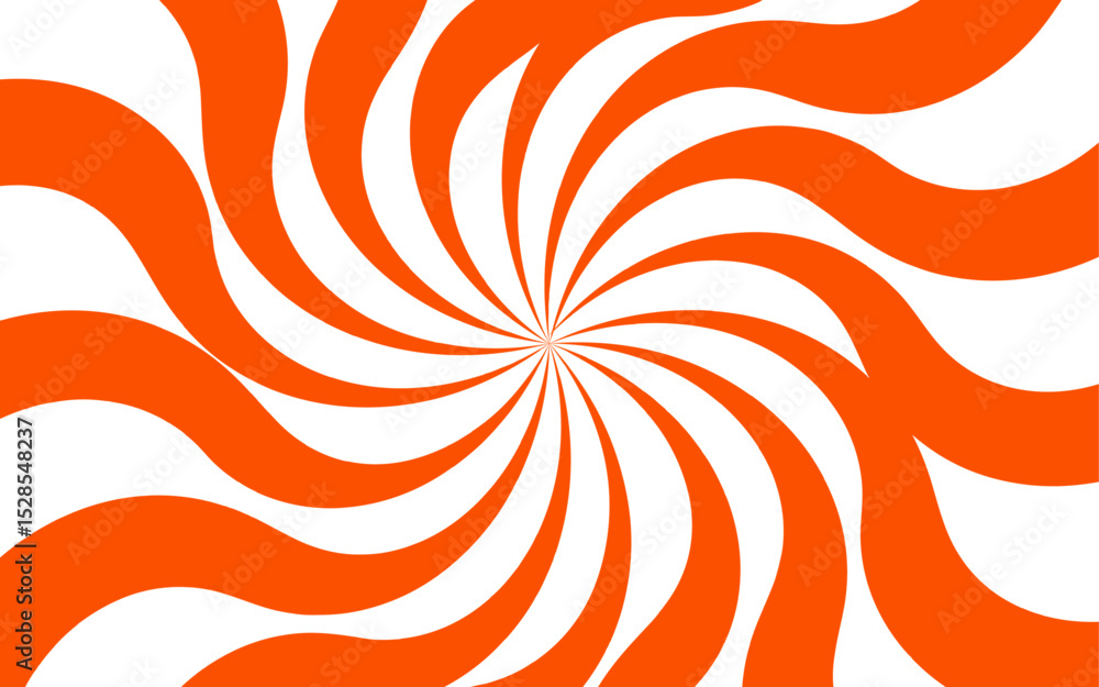 Poster Abstract vivid spiral pattern featuring alternating orange and white wavy radial lines. Dynamic, hypnotic vortex effect. Swirling lines twist outward with curvature with motion and energy.
