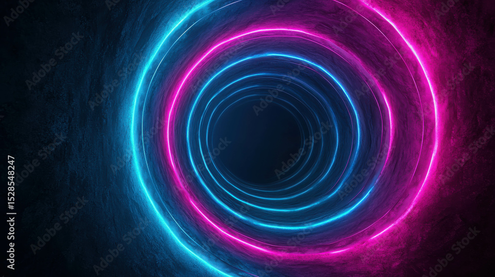 Poster abstract neon light tunnel design featuring vibrant pink and blue glowing circles creating a captiva