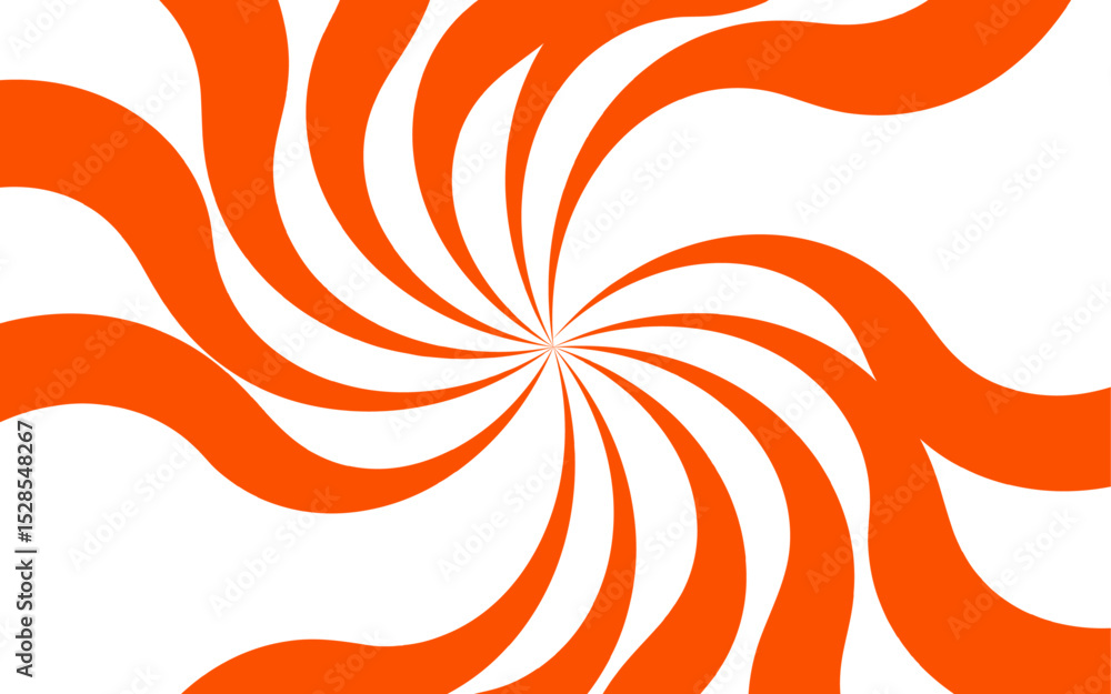 Poster Abstract vivid spiral pattern featuring alternating orange and white wavy radial lines. Dynamic, hypnotic vortex effect. Swirling lines twist outward with curvature with motion and energy.