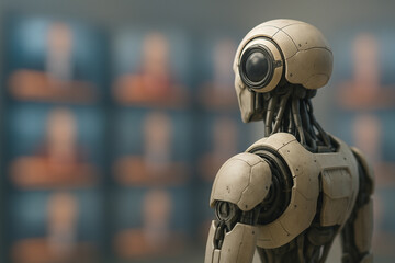 Advanced artificial intelligence robot monitors multiple displays, representing technology and future surveillance systems in modern society.