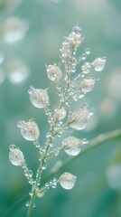 Dew covered wildflower closeup in soft green light