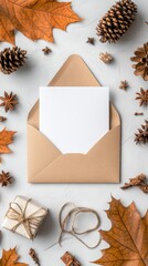 Autumnal blank card mockup with envelope and decorations