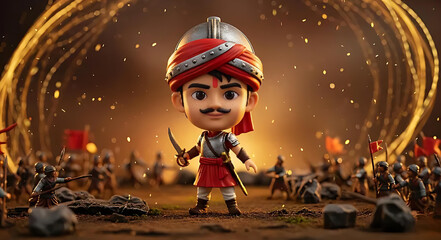Brave Cartoon Chhatrapati Shivaji Maharaj Character with Spear on a Battlefield with Dust and Sparks