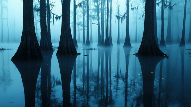 Ethereal Atmosphere in Misty Swamp with Tall Cypress Trees and Reflections in Water Surface at Dawn, Evoking a Mysterious and Serene Mood