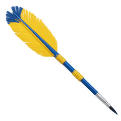 Quill pen with vibrant blue and yellow feathers, featuring silver nib, is elegantly designed for calligraphy and writing. colorful feathers add touch of creativity