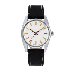 Classic wristwatch with white dial, silver case, and black leather strap, featuring minimalist design and orange hour markers