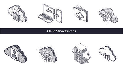 Cloud Services Icons Set, Vector Sketch and Isometric Styles, Monochromatic, Transparent Background. Technology, Connectivity, Digital Infrastructure, IT Design, Website Elements