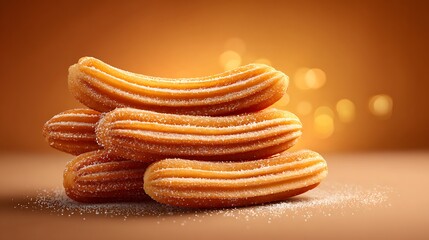 Cozy Spanish Churros with Golden Sugar Crust &ndash; Sunlit Dessert on Soft Cream Background, Mouthwatering and Inviting