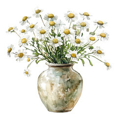 A Feverfew In A Vase, watercolor painting vector, high quality, isolated on a white background.