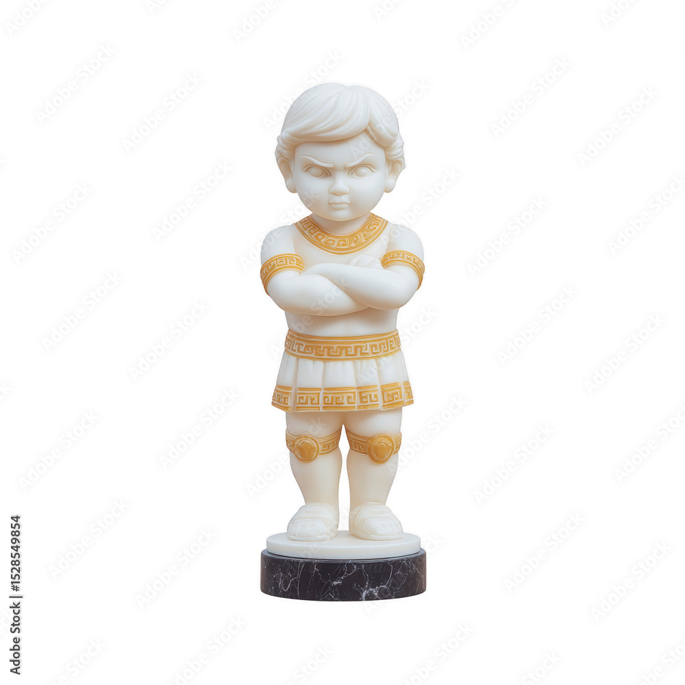 Poster marble statue of child with angry expression stands on black base. child is adorned with intricate g