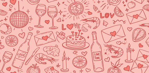 Contemporary minimalist line art banner with food, candles, drinks and decor doodles. Hand drawn dinner party seamless pattern.