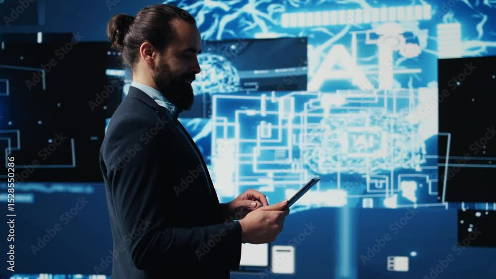 Poster businessman working with digital ai neural networks system for machine learning high tech innovation